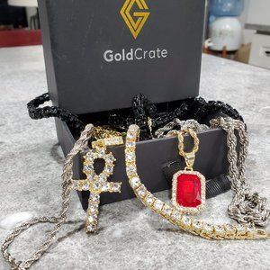 Gold Crate jewelry includes tennis bracelet,2 silver chains, cross pendent,